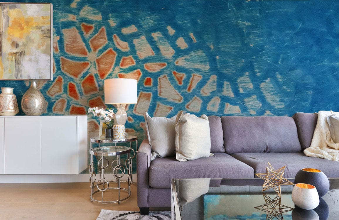 Mural wallpaper design featuring a blue reticulated pattern for the living room.
