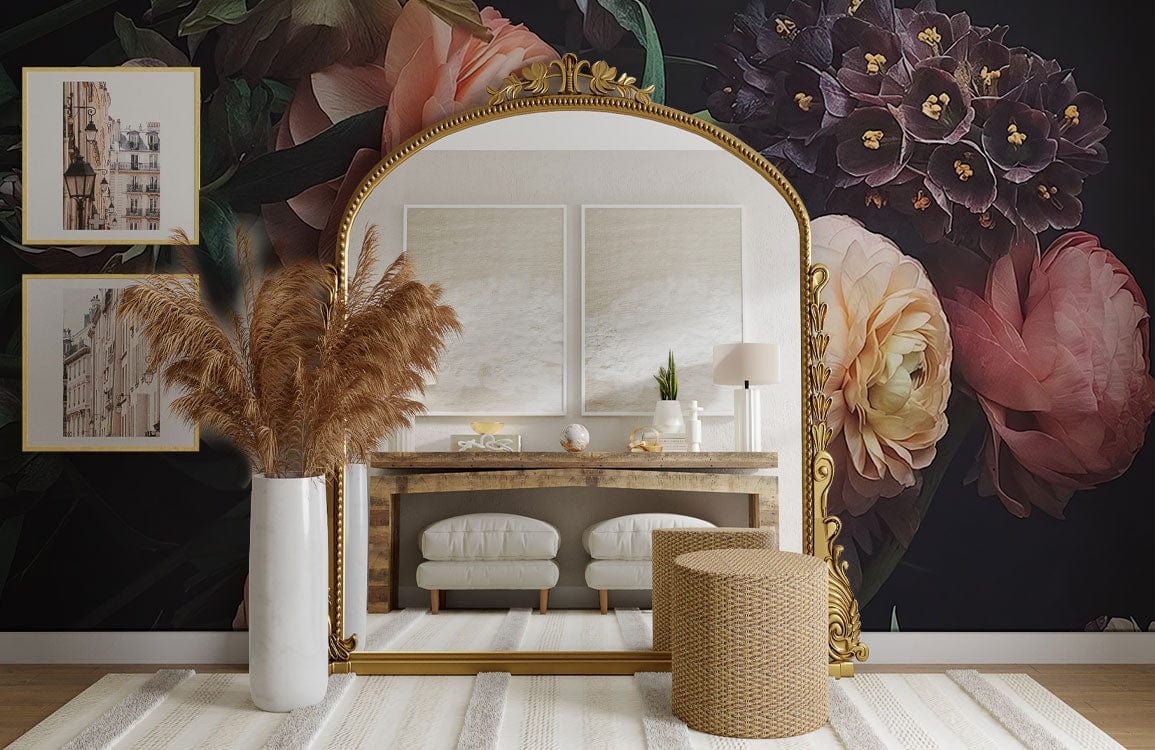 Elegant Floral Dark Background Mural Wallpaper in living room