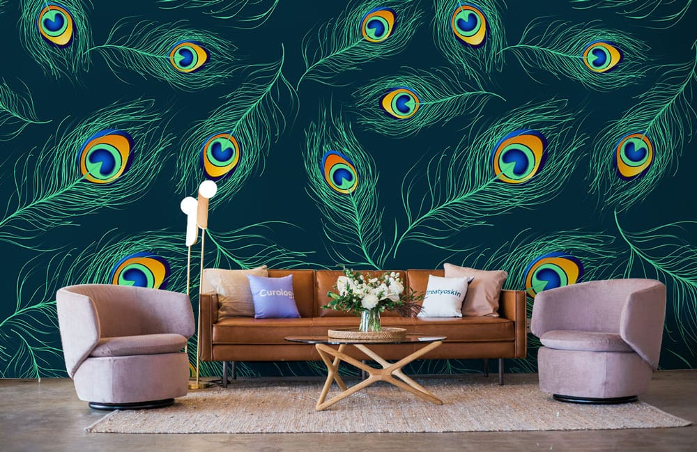 Peacock feather wallpaper mural in fluorescent colors, perfect for decorating the living room.
