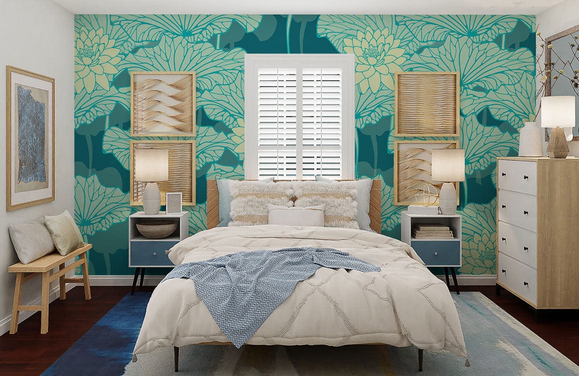Wallpaper mural in a fluorescent turquoise lotus pattern for the bedroom's decor.