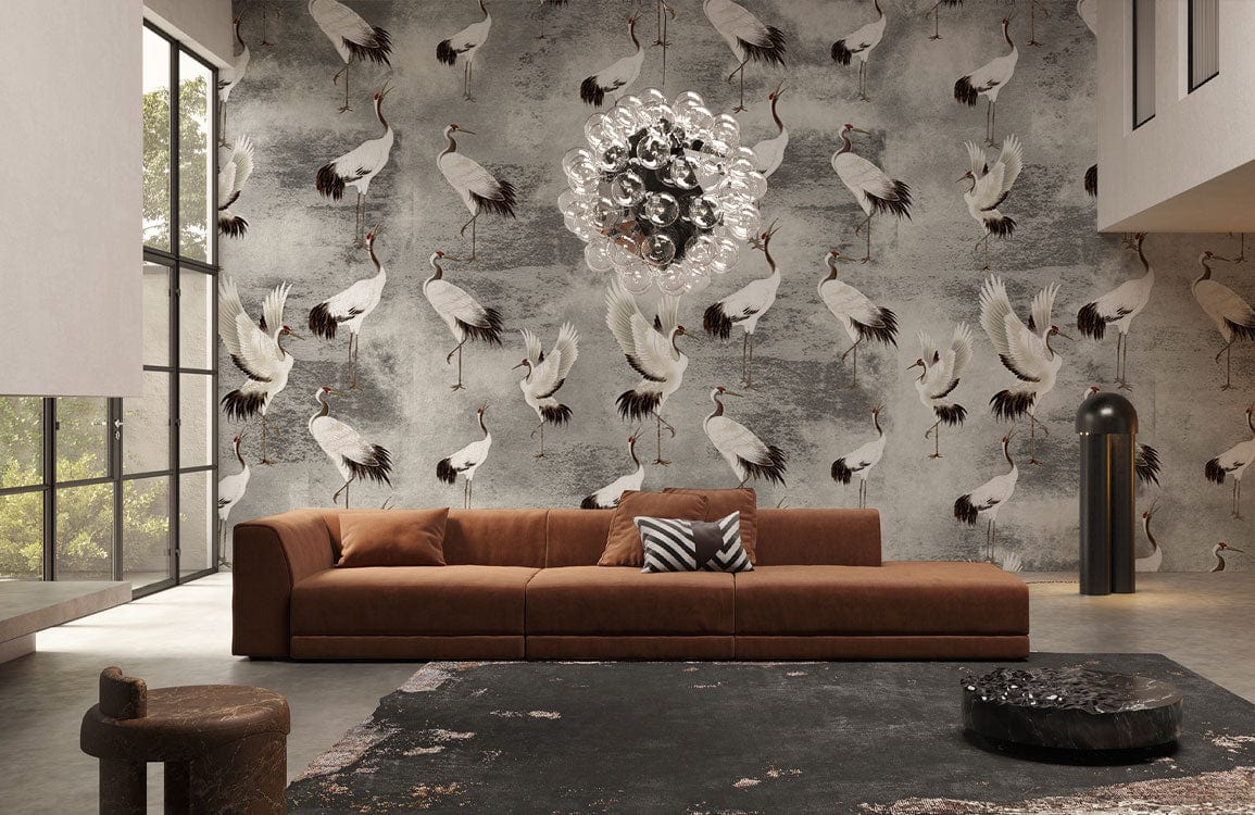 Elegant Cranes on a Gray Background Wallpaper Mural for Decorating the Living Room