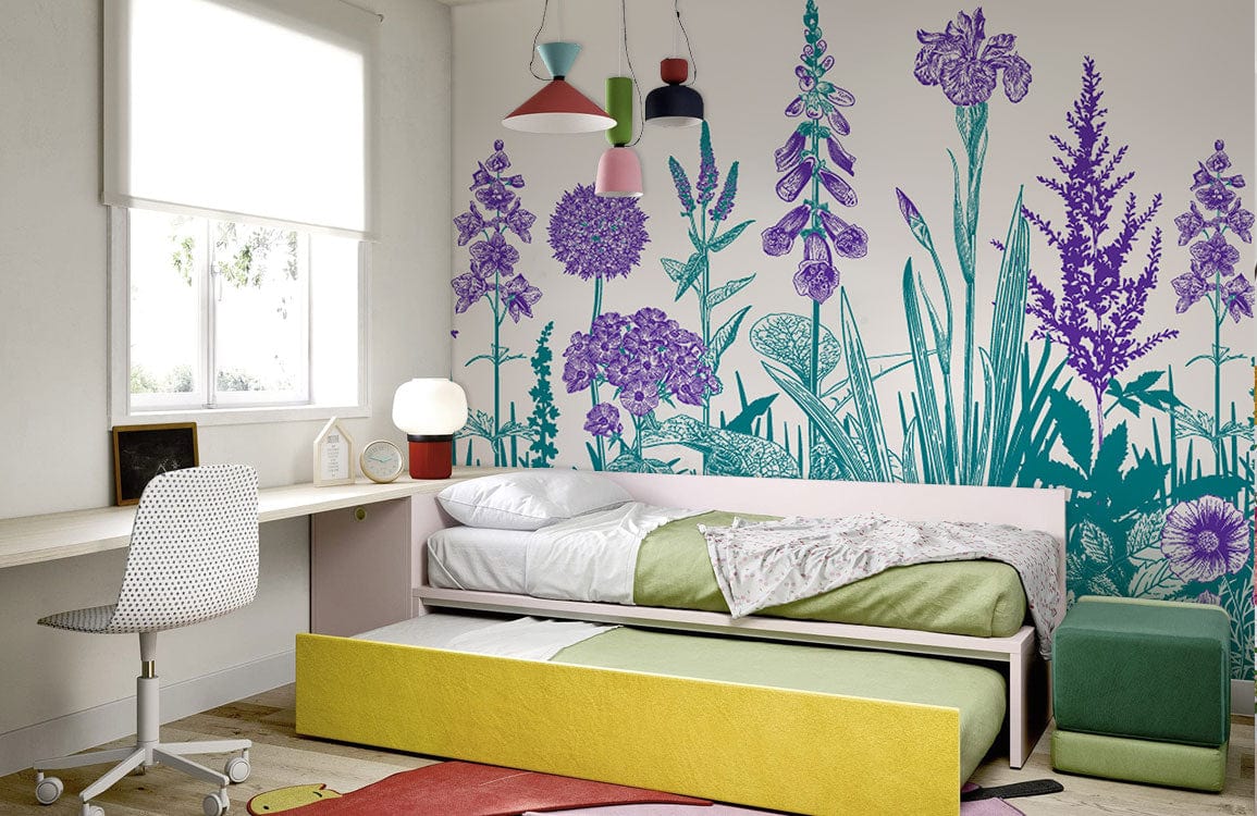 Wallpaper mural for bedroom decoration featuring violet and turquoise flowers.