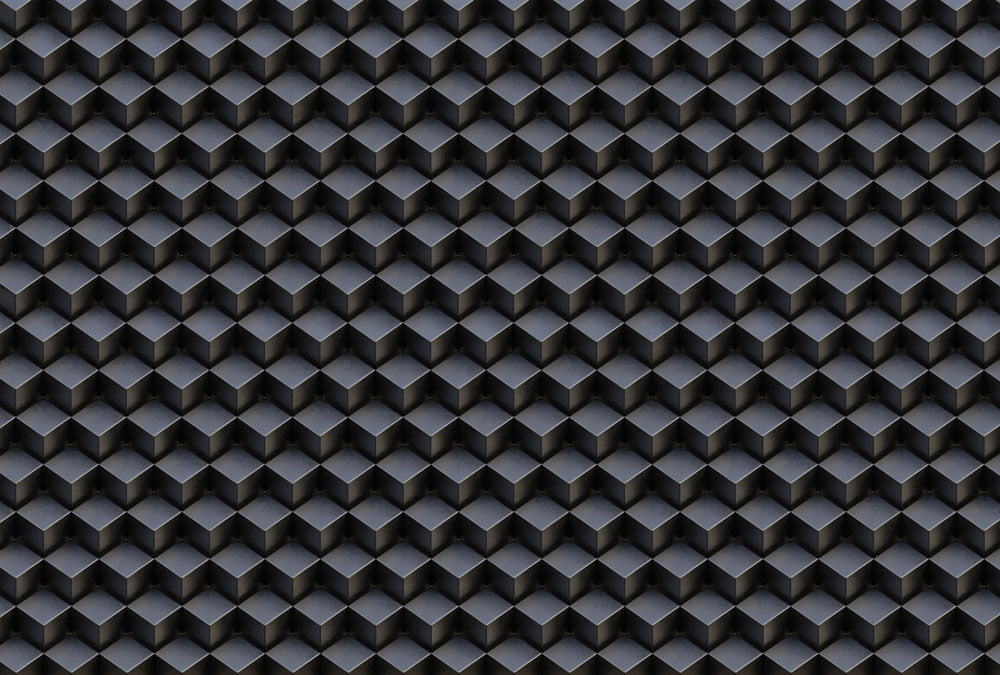 Wallpaper throughout the room has a square puzzle-like appearance.