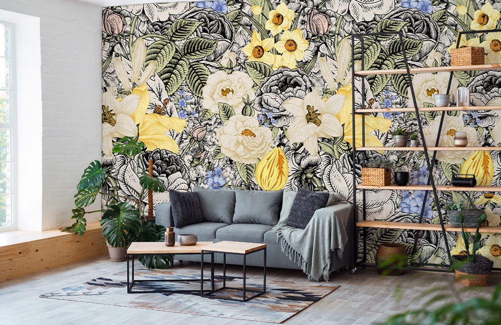 Decorate your living room with this beautiful vintage flower painting wallpaper mural.