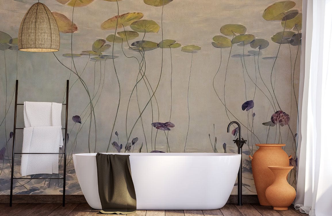 Wallpaper mural for the bathroom featuring a water lily pool scene.