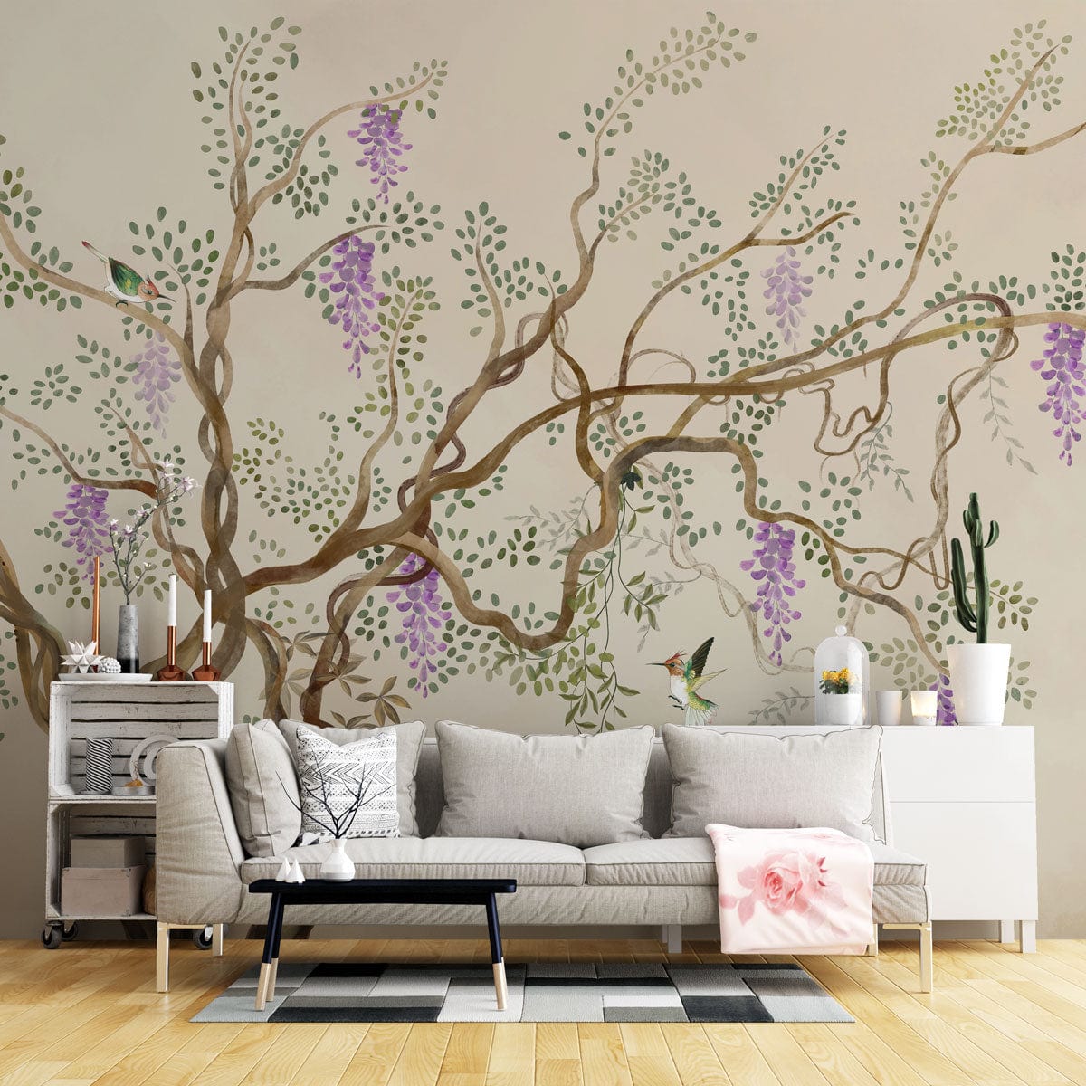 Elegant Botanical Wisteria Wall Mural in living room