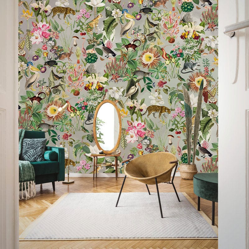 Vibrant Jungle Animal Botanical Mural Wallpaper in living room