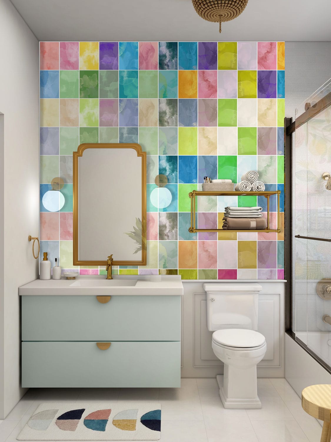 Colorful Watercolor Mosaic Mural Wallpaper in bathroom