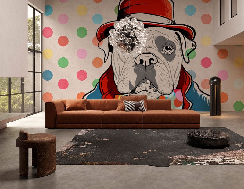 Colorful Bulldog Polka Dot Mural Wallpaper in living room