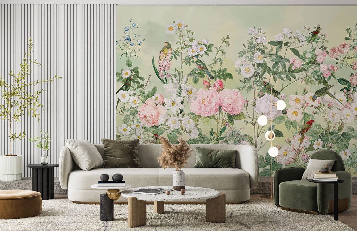 Vintage Botanical Garden Bird Wallpaper Mural in living room
