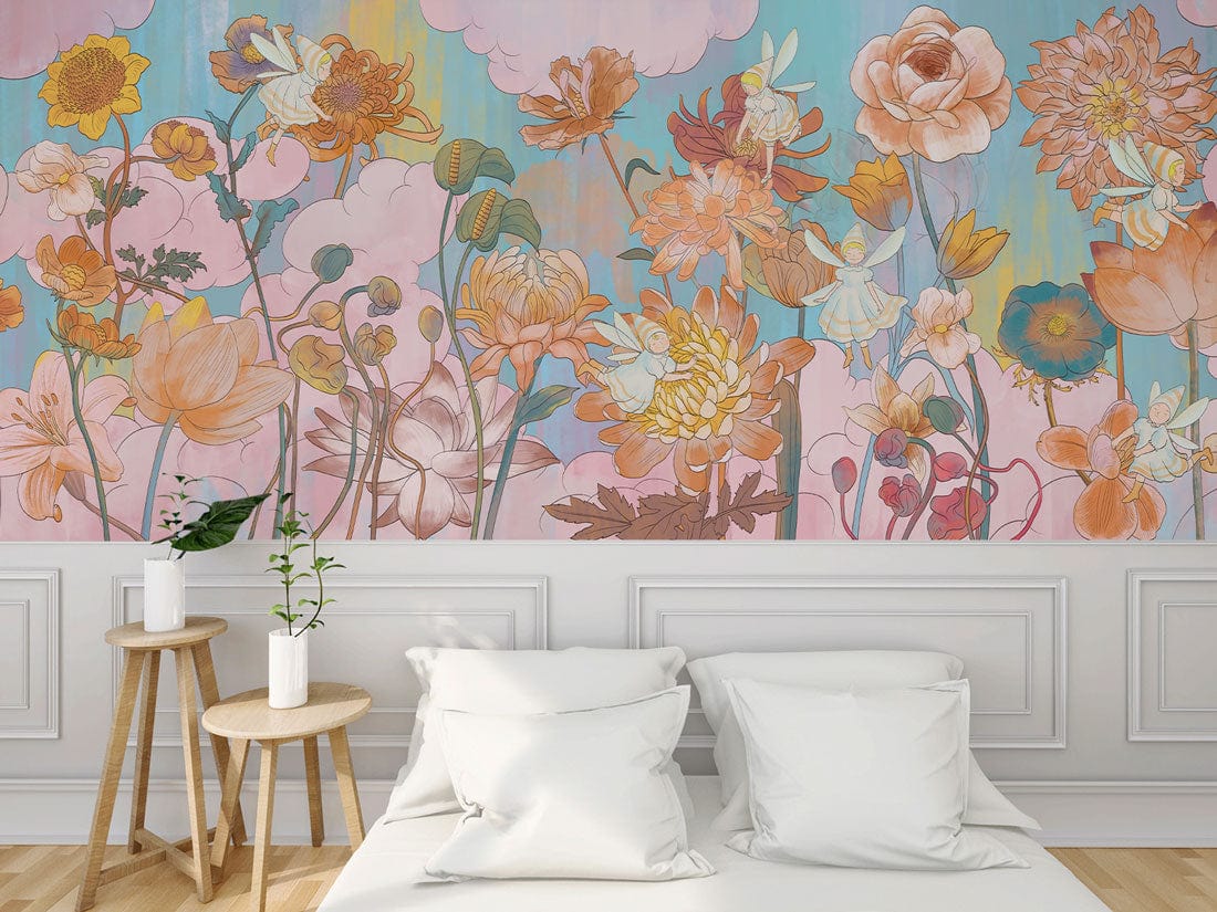 Whimsical Pastel Floral Mural Wallpaper in bedroom