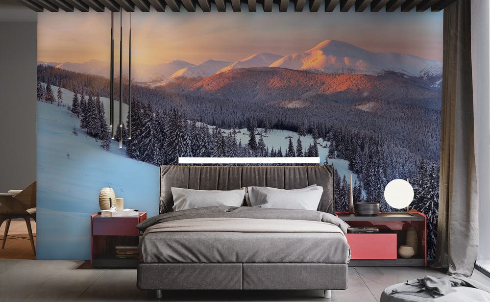 winter landscape of snowy mountains and forest bedroom wallpaper design art