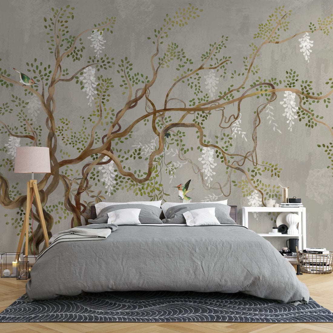 Whimsical Tree Branches Nature Mural Wallpaper in bedroom