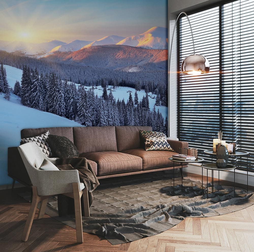 unique snowy mountains and dense trees mural