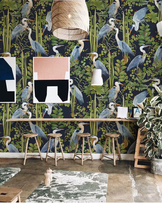 Tropical Heron Botanical Mural Wallpaper in dining area