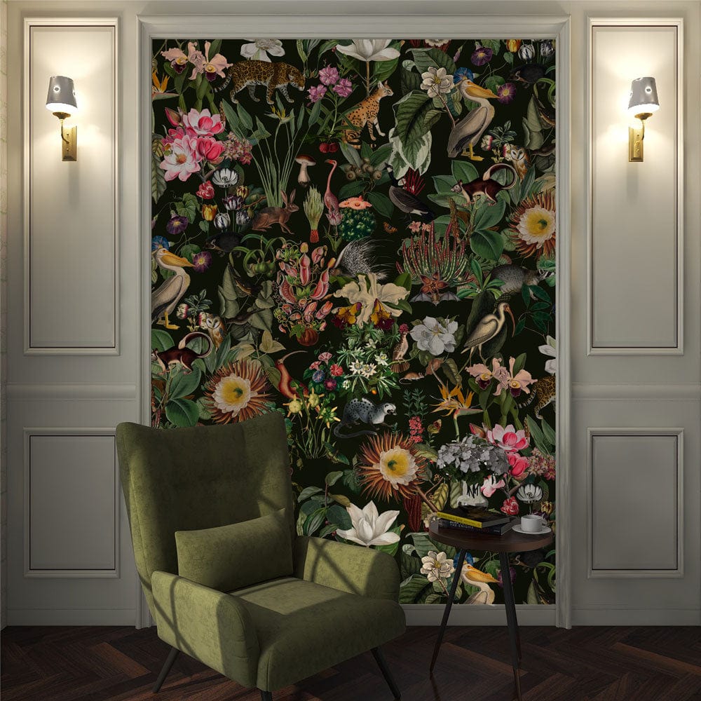 Exotic Jungle Animal Floral Mural Wallpaper in living room