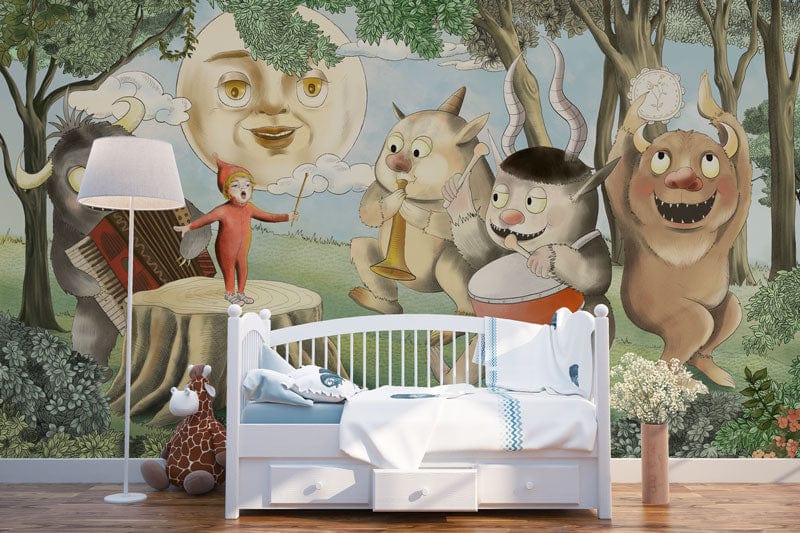 Whimsical Forest Creature Kids Mural Wallpaper in bedroom