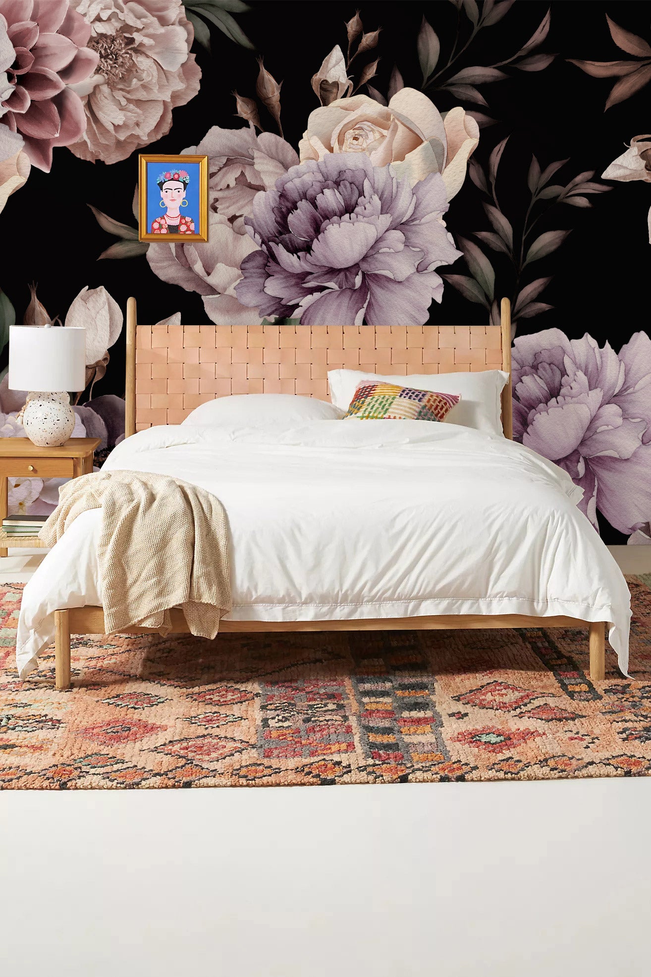 Romantic Peony Floral Dark Mural Wallpaper in bedroom