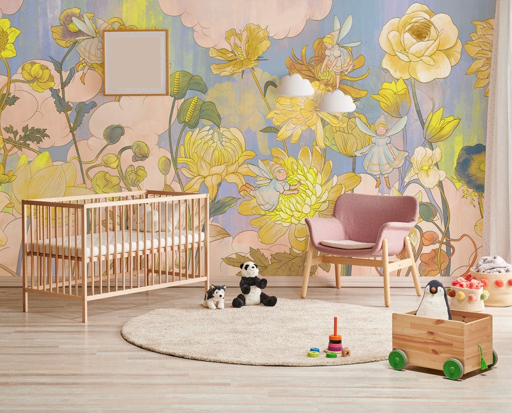 Sunny Watercolor Floral Mural Wallpaper in nursery