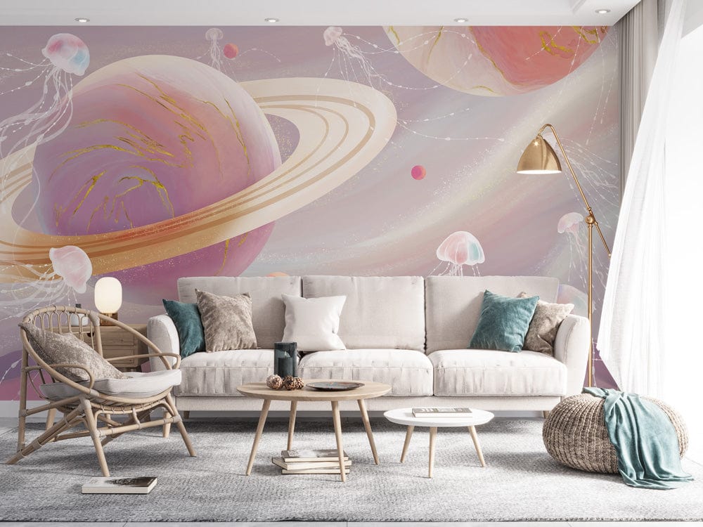 Whimsical Planetary Jellyfish Mural Wallpaper in living room
