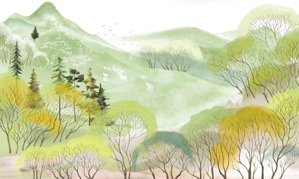 Pastoral Landscape Watercolor Mural Wallpaper