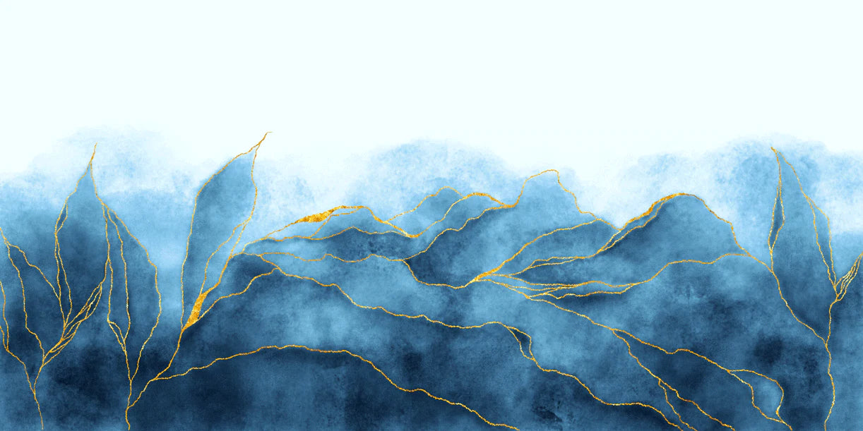 Home Decor Wallpaper Mural Featuring a Blue Watercolor Design with Golden Lines