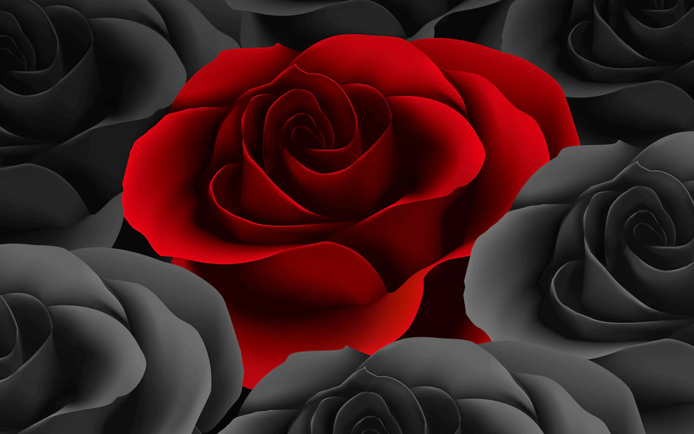 Mural wallpaper design featuring a dark large rose for use in home decor
