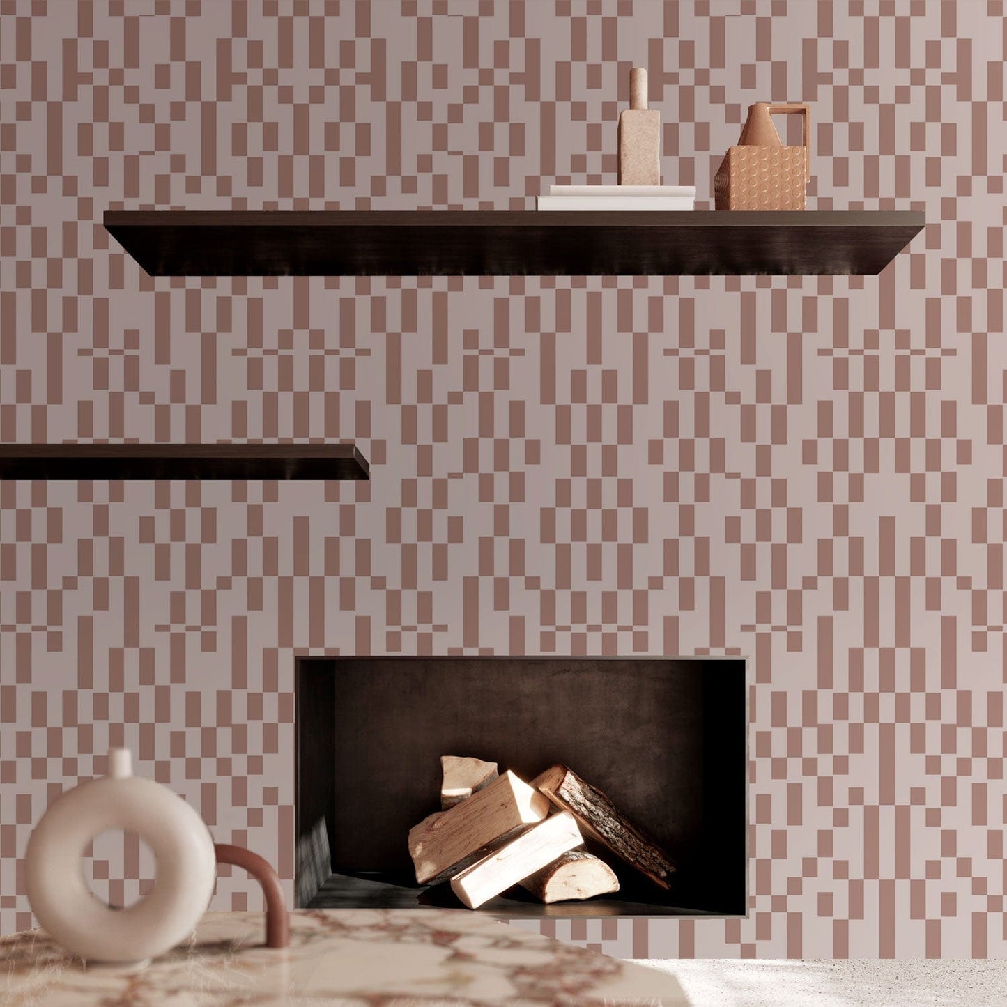 Modern Geometric Neutral Mural Wallpaper in living room