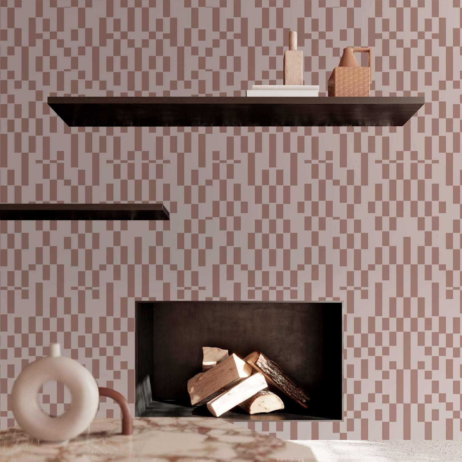 Modern Geometric Neutral Mural Wallpaper in living room