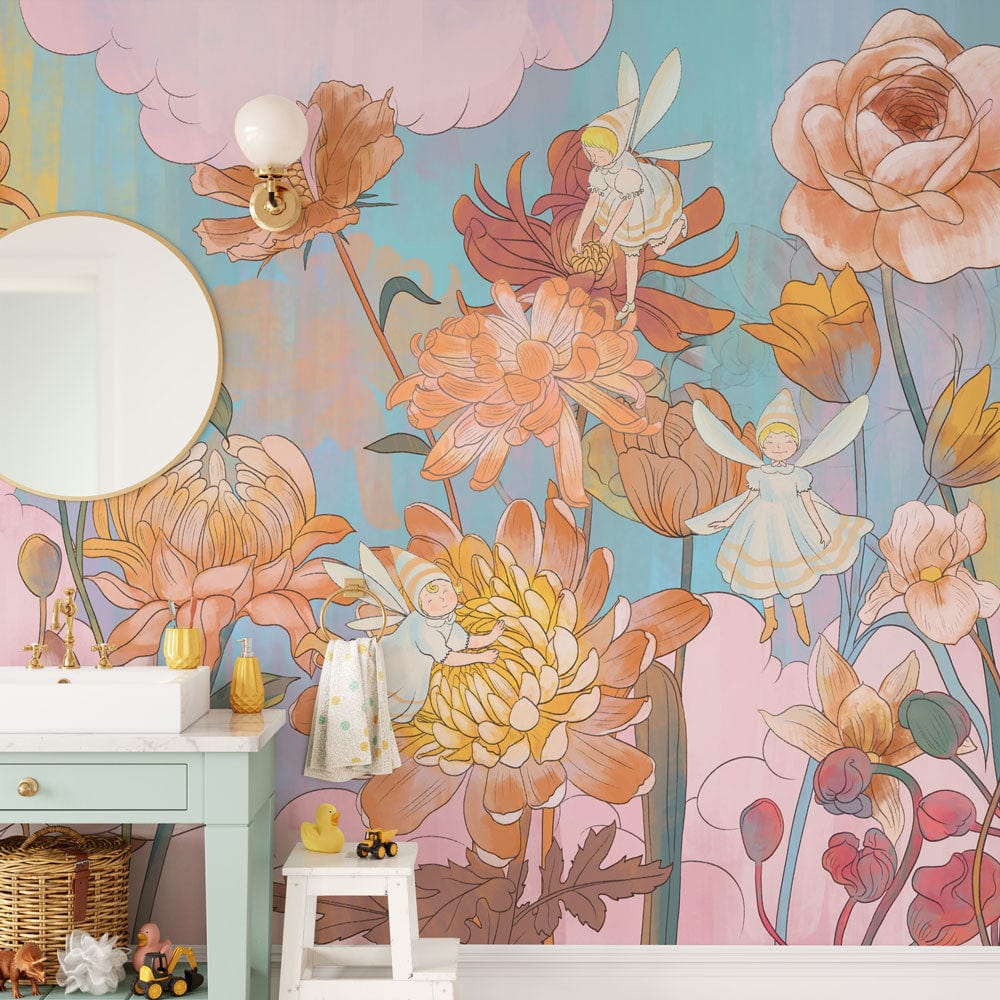 Whimsical Pastel Floral Mural Wallpaper in bathroom