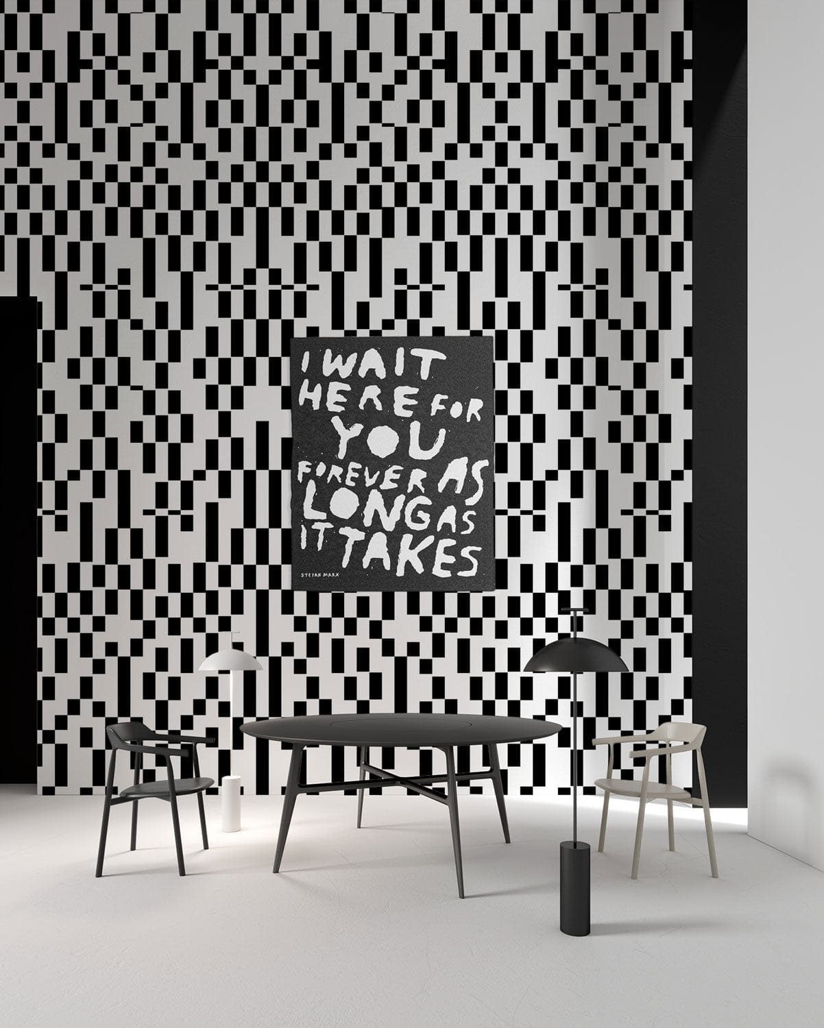Modern Geometric Bauhaus Black White Wallpaper in dining room