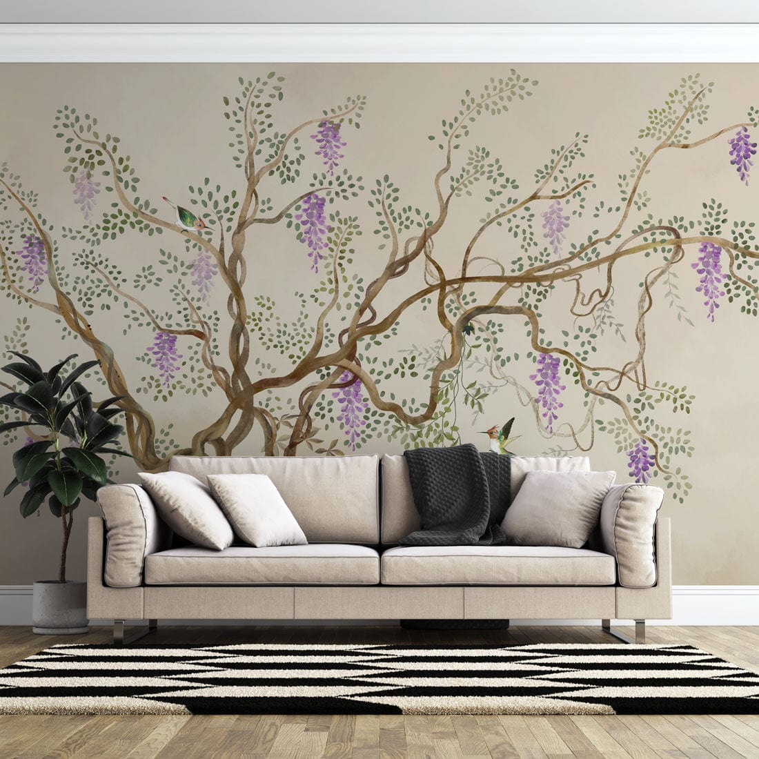 Elegant Botanical Wisteria Wall Mural in living room