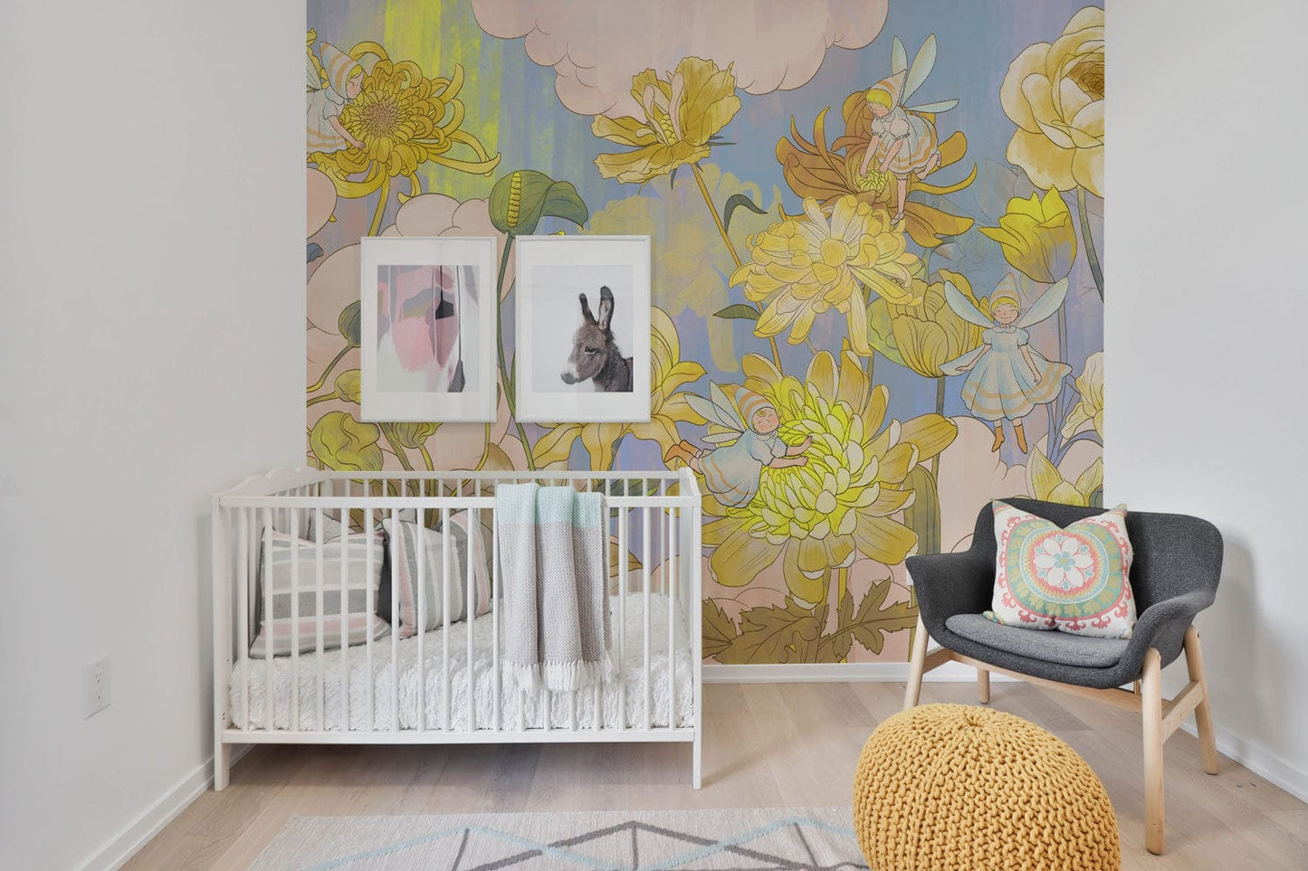 Sunny Watercolor Floral Mural Wallpaper in nursery