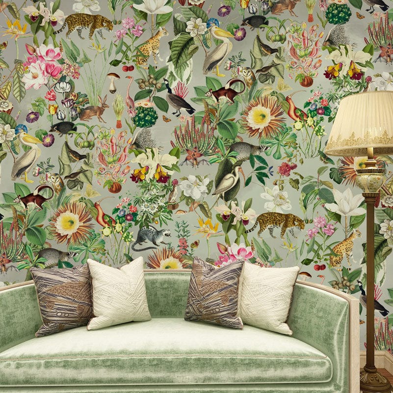 Vibrant Jungle Animal Botanical Mural Wallpaper in living room