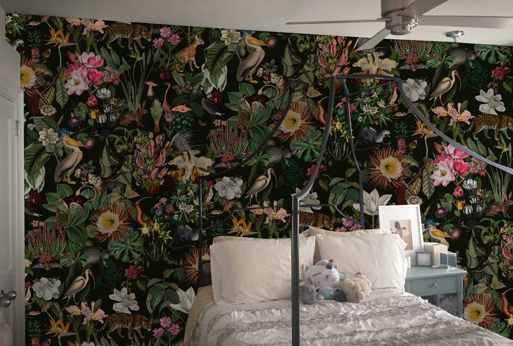 Exotic Jungle Animal Floral Mural Wallpaper in bedroom