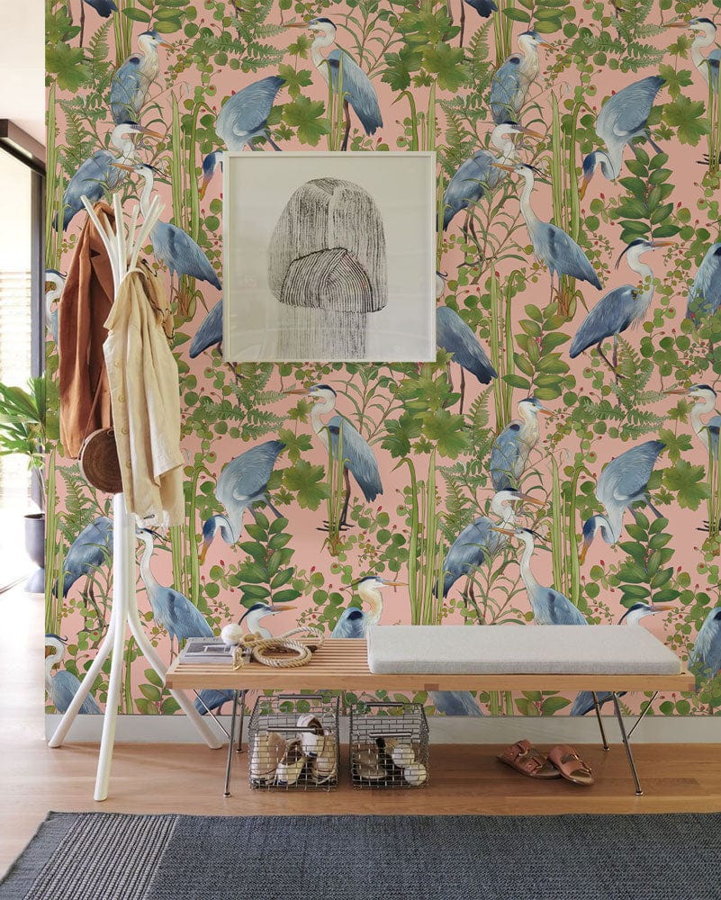 Tropical Heron Pink Botanical Mural Wallpaper in entryway