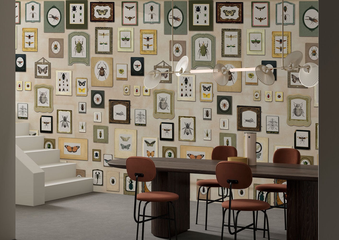 Vintage Botanical Insect Illustration Mural Wallpaper in dining room