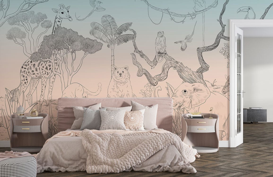Safari Adventure Animal Sketch Mural Wallpaper in bedroom