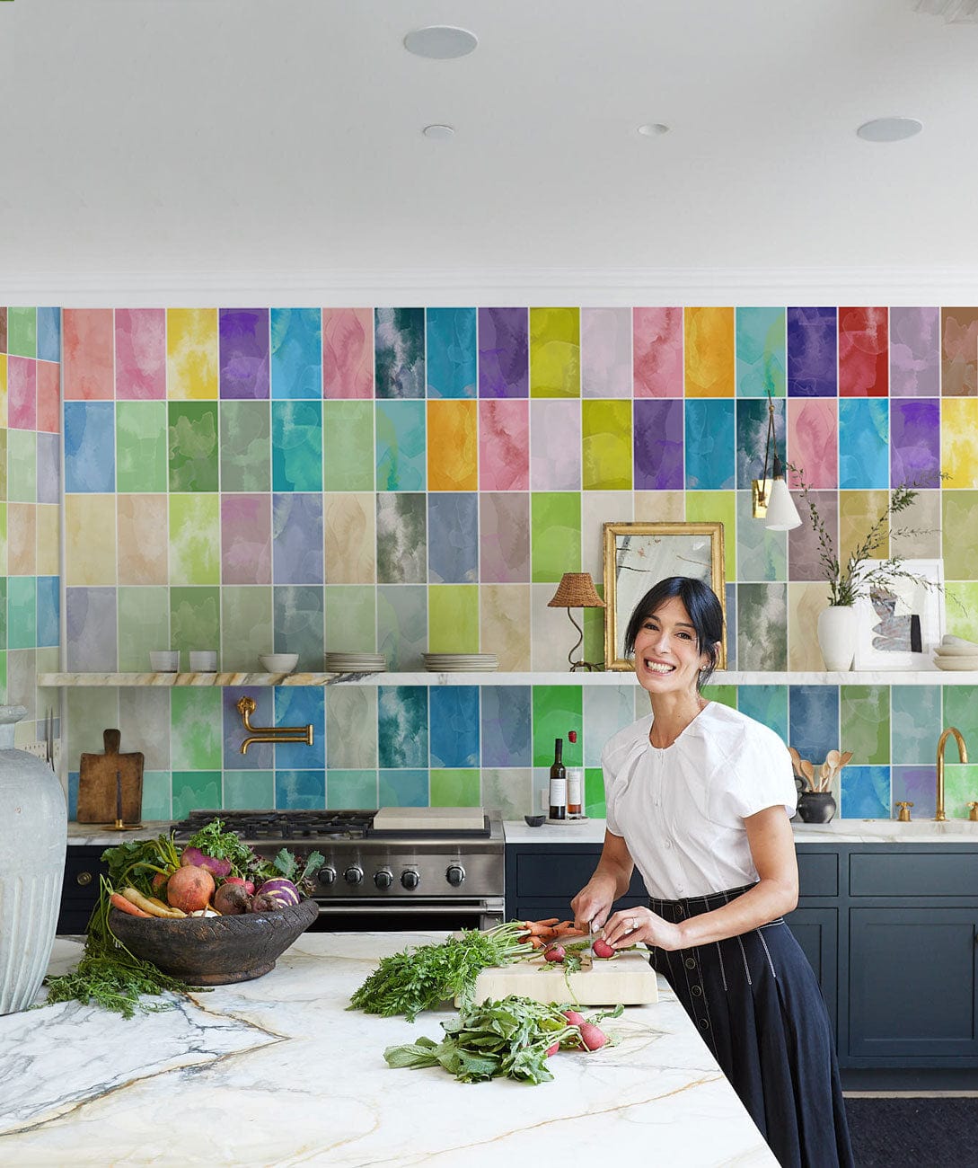 Colorful Watercolor Mosaic Mural Wallpaper in kitchen