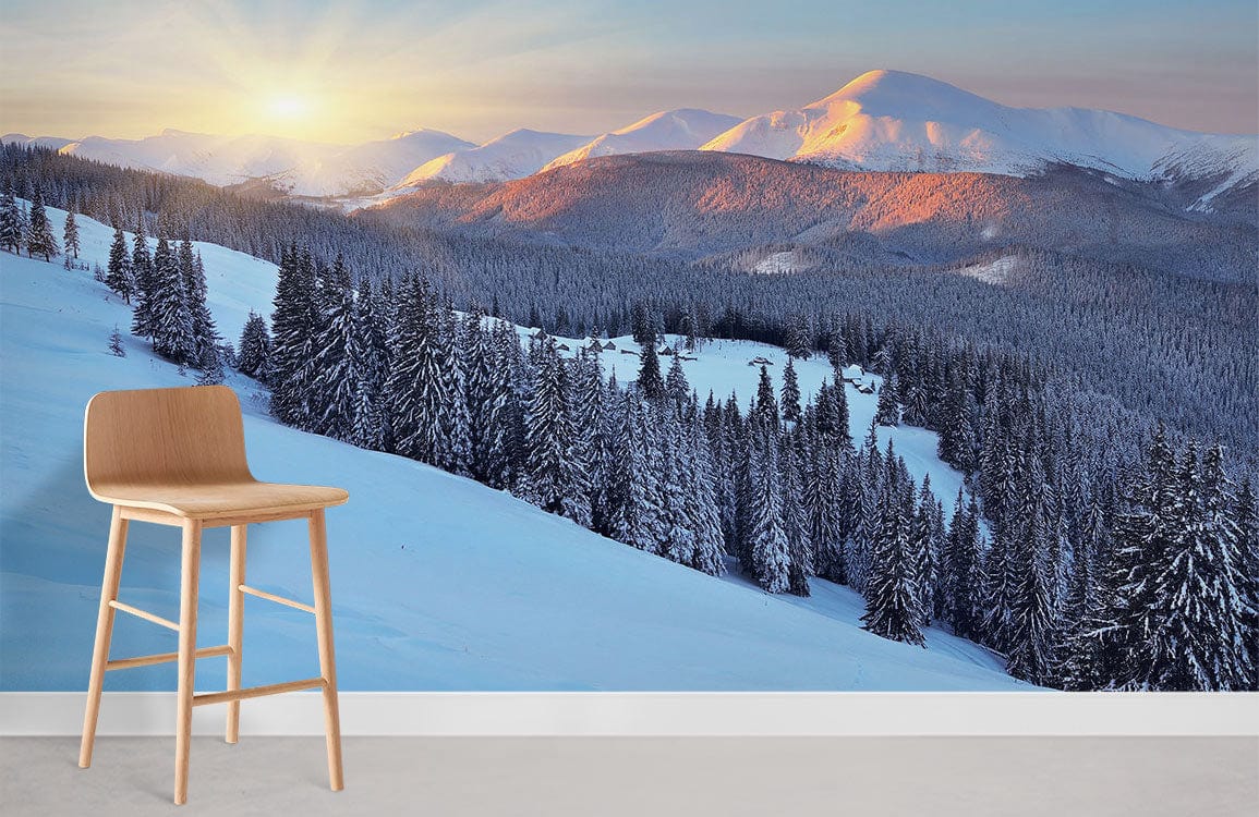 snowy forest and mountains under gold sunshine wall murals for room