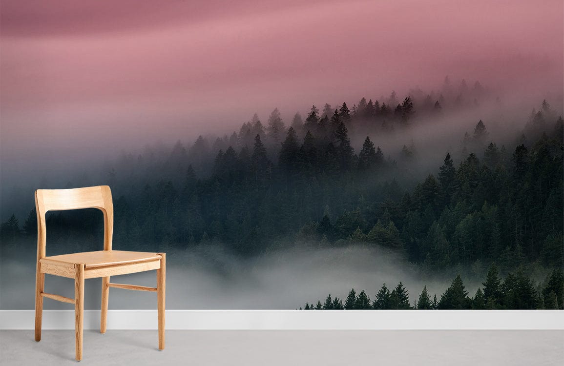 misty forest with pink cloud wallpaper for home
