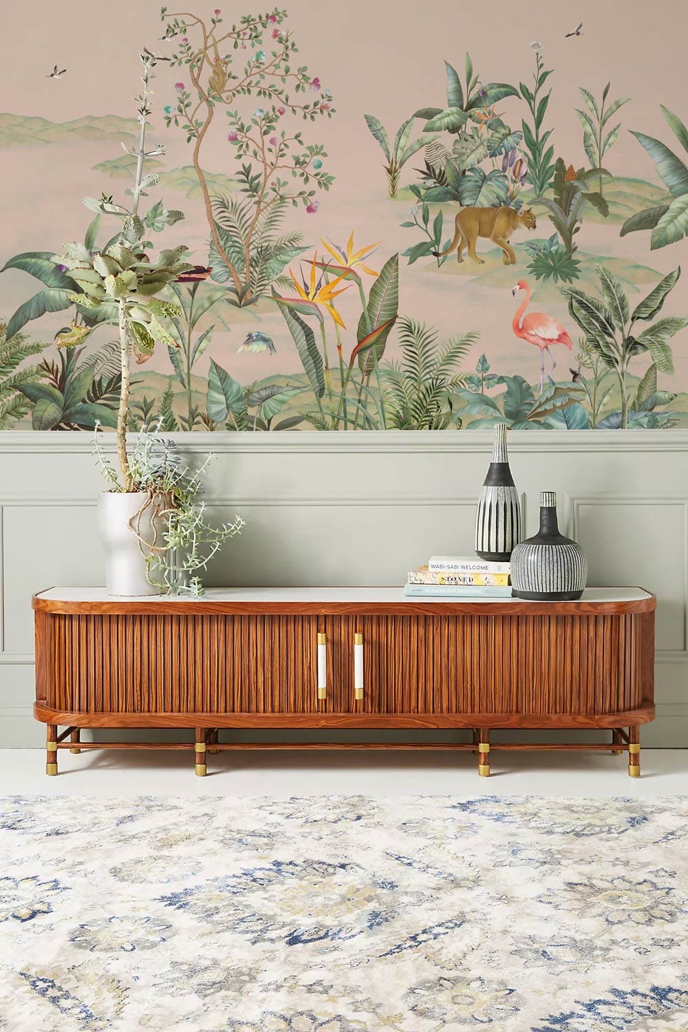 Hallway wallpaper mural featuring a woodland scene with a variety of forest creatures.