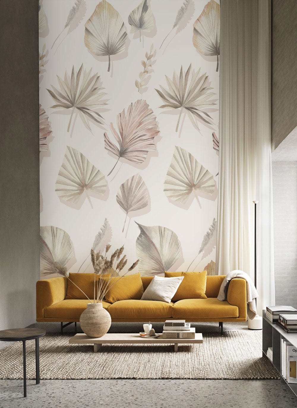 Wall murals for the living room painted in pastel colors with watercolour foliage
