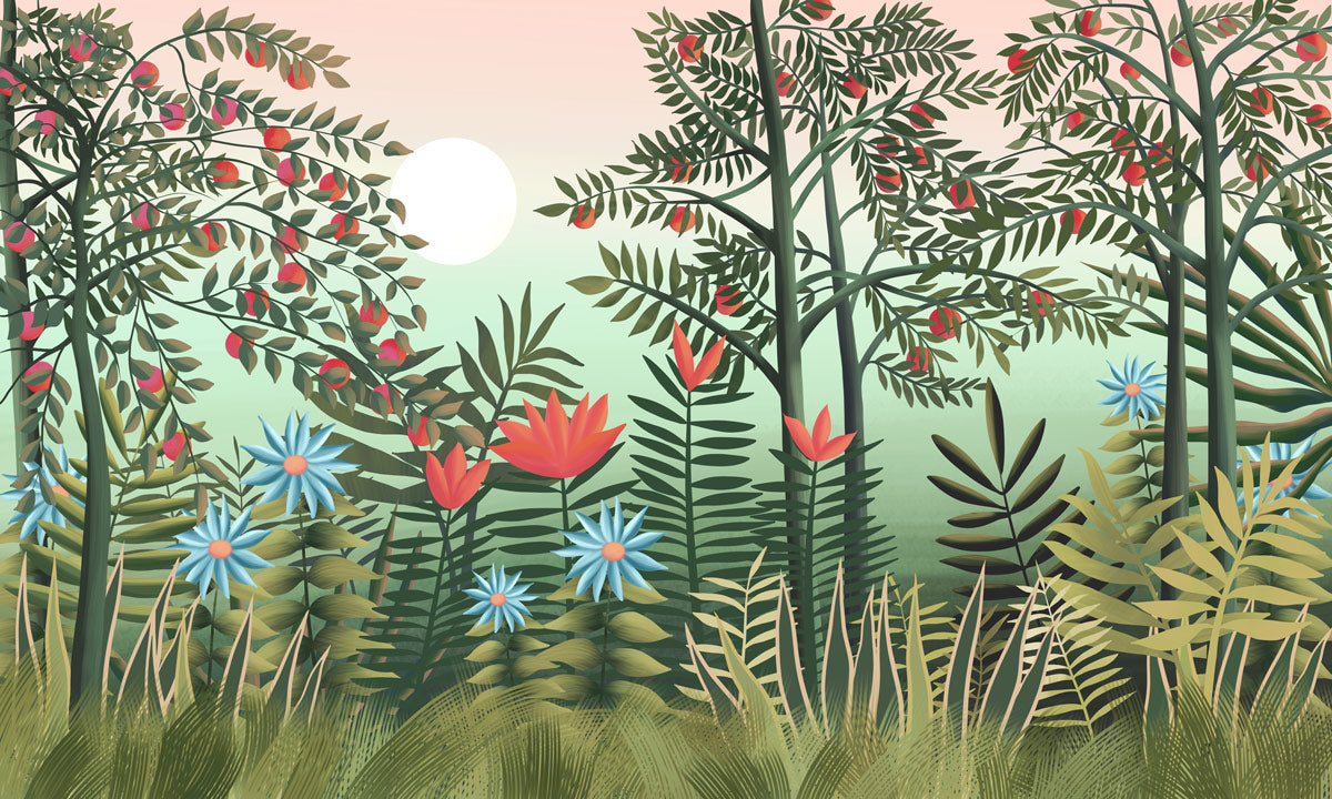 Home Decoration Featuring a Mural of a Jungle Fruit Wallpaper.