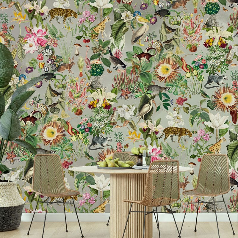 Vibrant Jungle Animal Botanical Mural Wallpaper in dining room