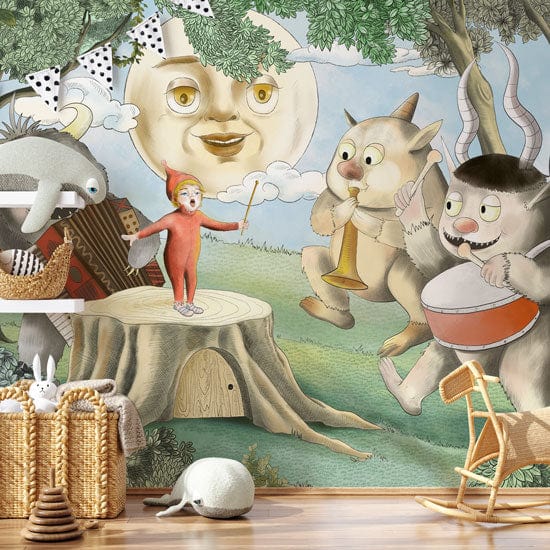 Whimsical Forest Creature Kids Mural Wallpaper in child's room