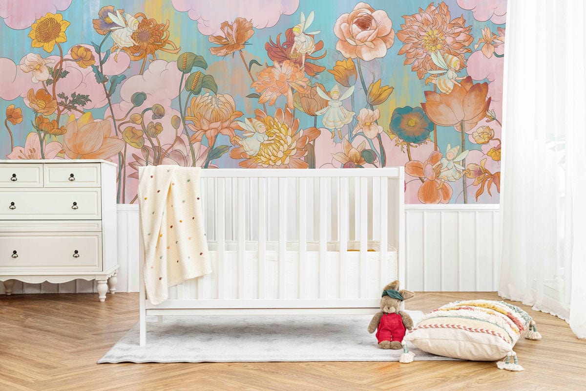 Whimsical Pastel Floral Mural Wallpaper in nursery