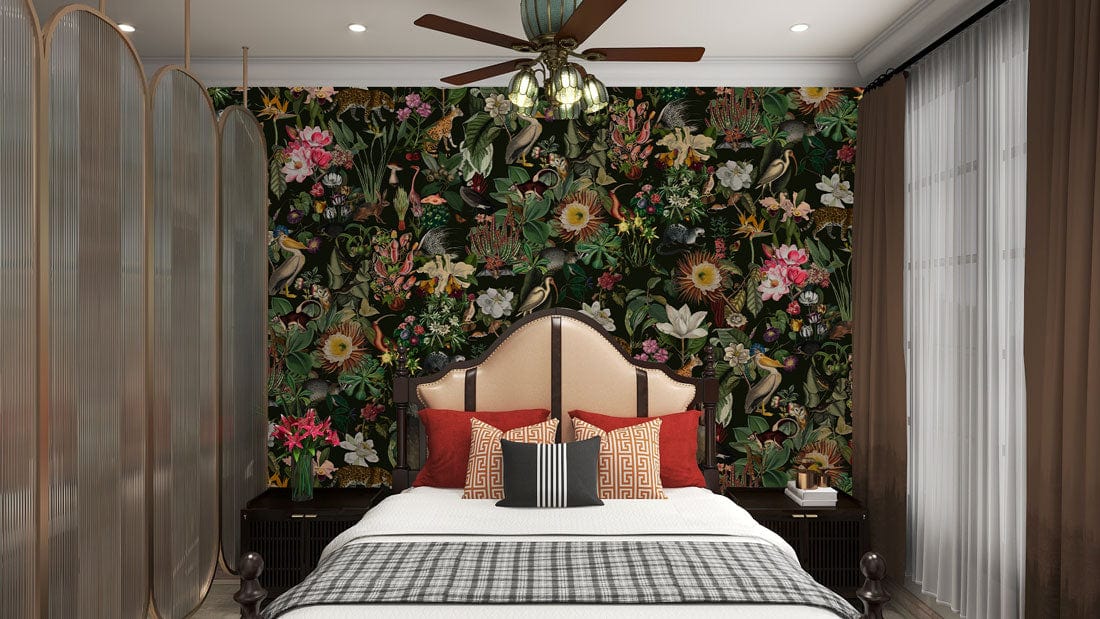 Exotic Jungle Animal Floral Mural Wallpaper in bedroom