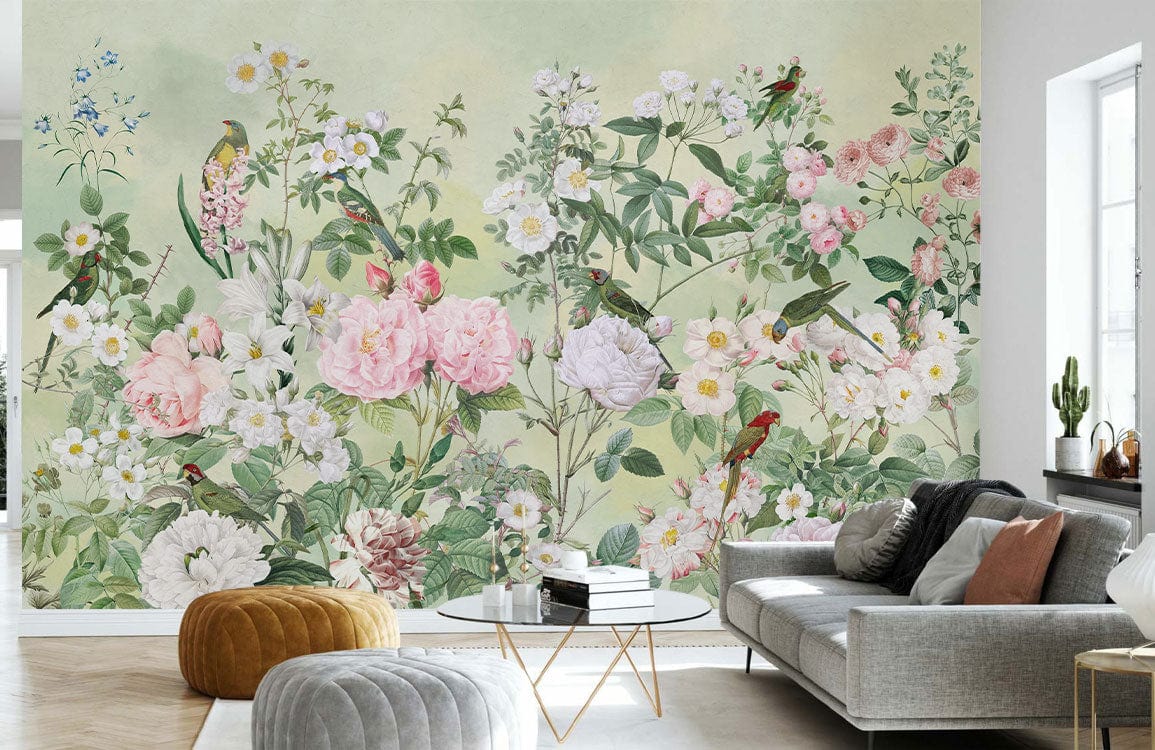 Vintage Botanical Garden Bird Wallpaper Mural in living room