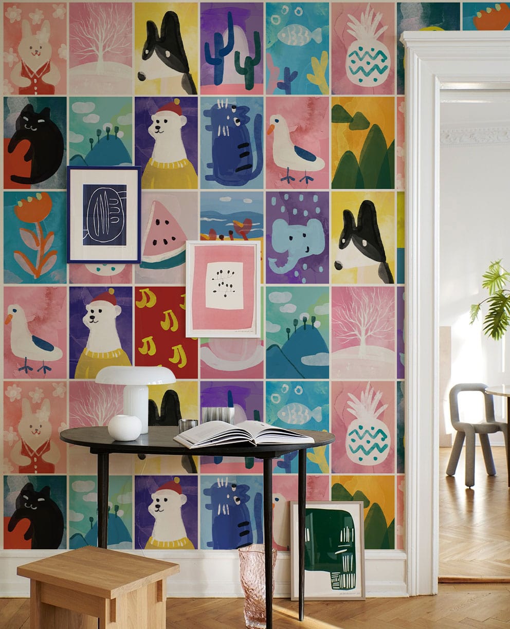 Colorful Abstract Animal Pattern Mural Wallpaper in living room
